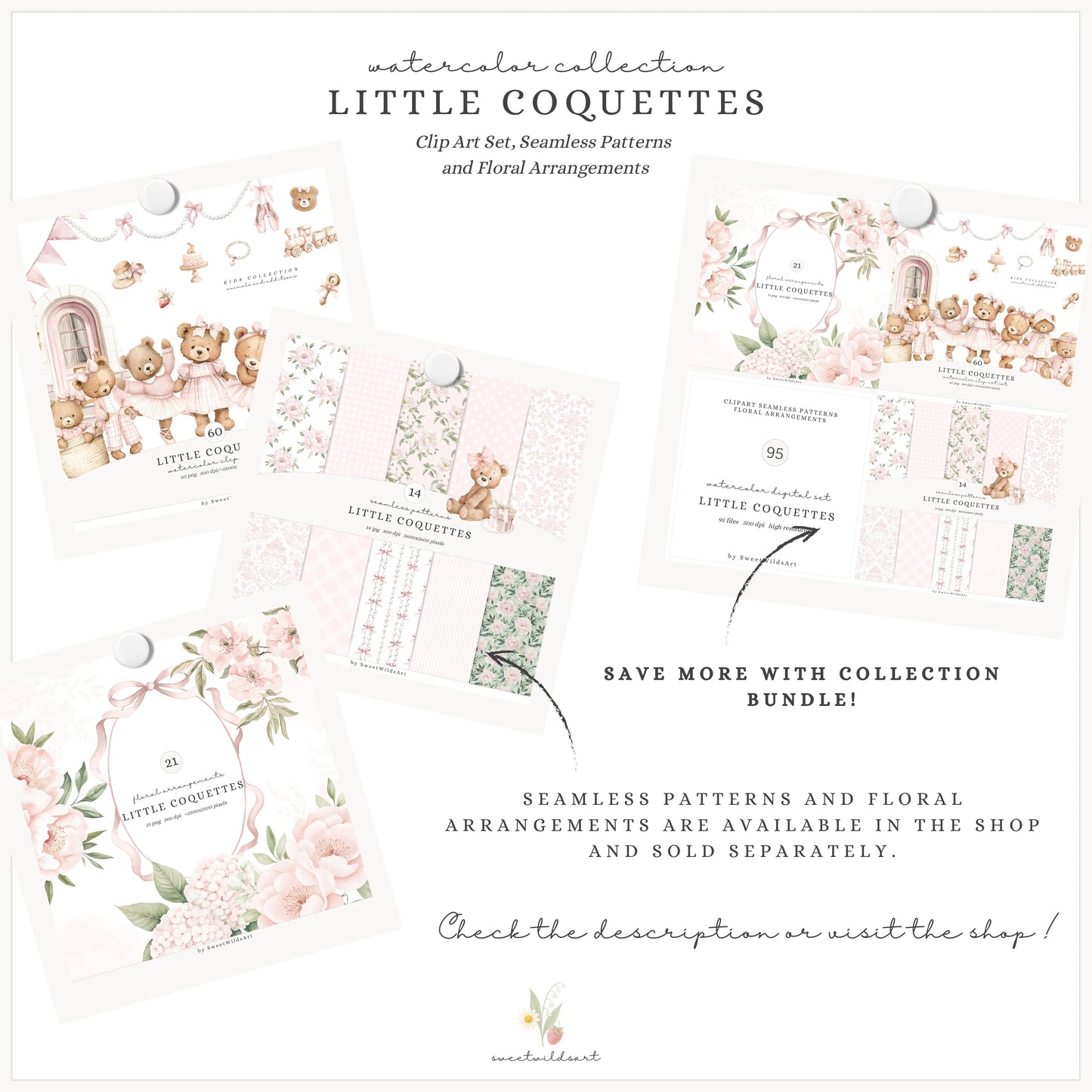 Little Coquettes - Teddy Bear Clipart Set, Pink Nursery, Ballet Bear, Grandmillennial | 60 PNG