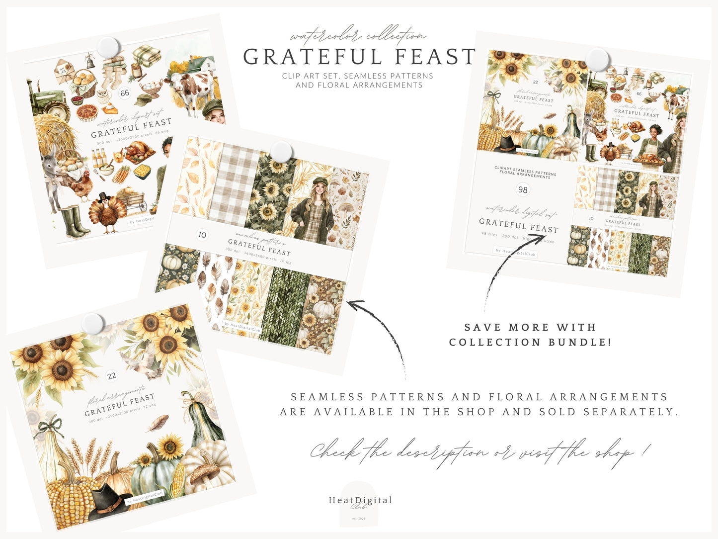 Grateful Feast - Thanksgiving Day Clipart, Autumn Harvest Farm, Fall, Cozy Holiday | 66 PNG