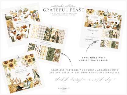 Grateful Feast - Thanksgiving Day Clipart, Autumn Harvest Farm, Fall, Cozy Holiday | 66 PNG