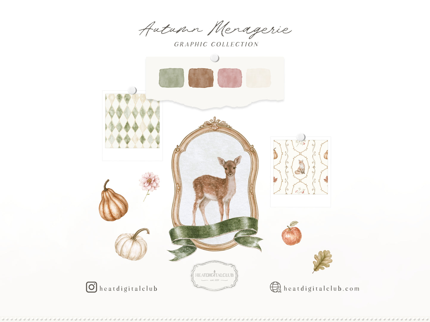 Autumn Menagerie - Watercolor Fall Clipart and Seamless Patterns Bundle, Rustic Garden Graphics | 90 PNG/JPEG