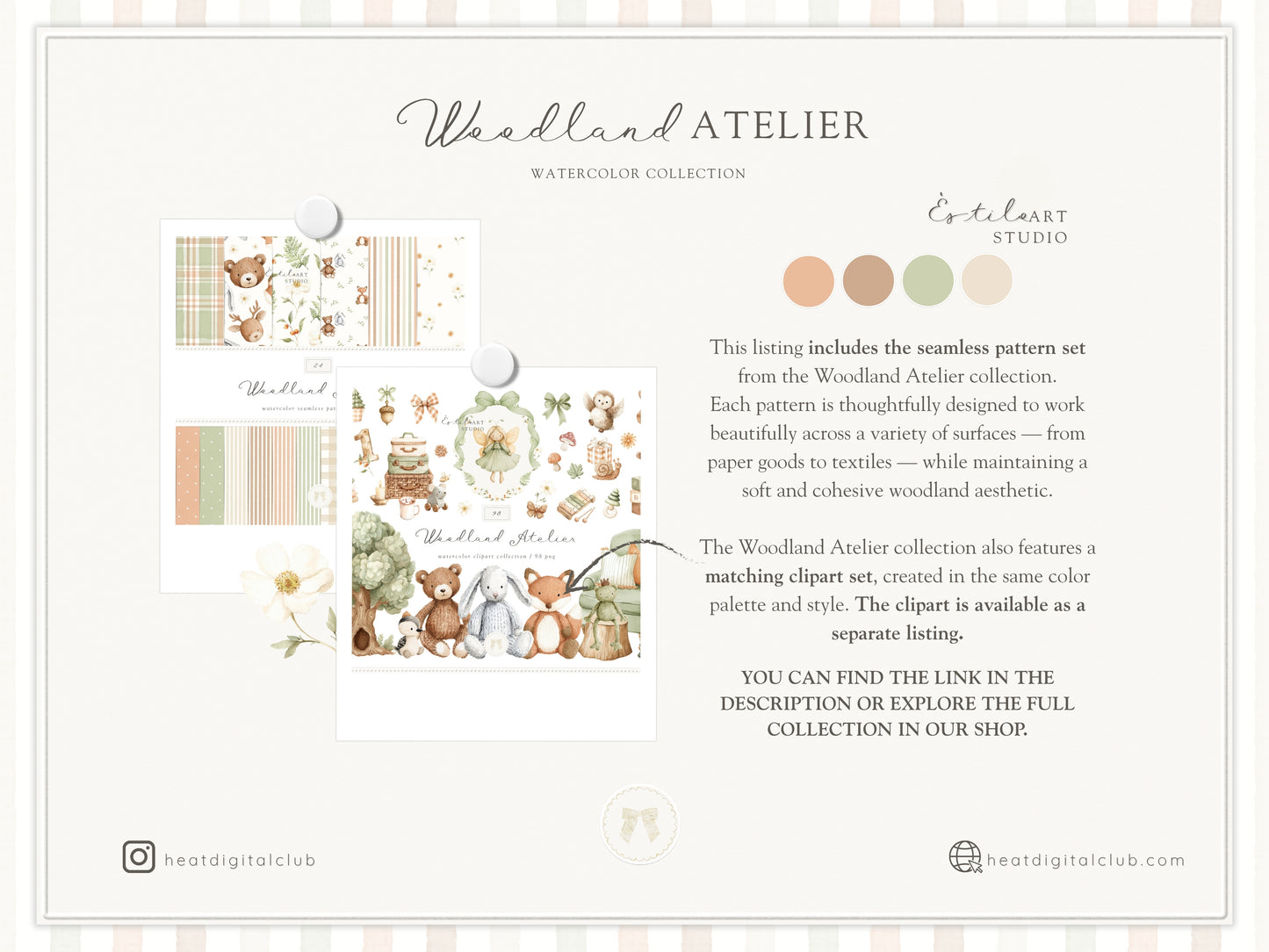 Woodland Atelier - Seamless Patterns, Forest Animals Nursery, Gingham Stripes Plaid, Woodland Fabric Design | 24 JPEG
