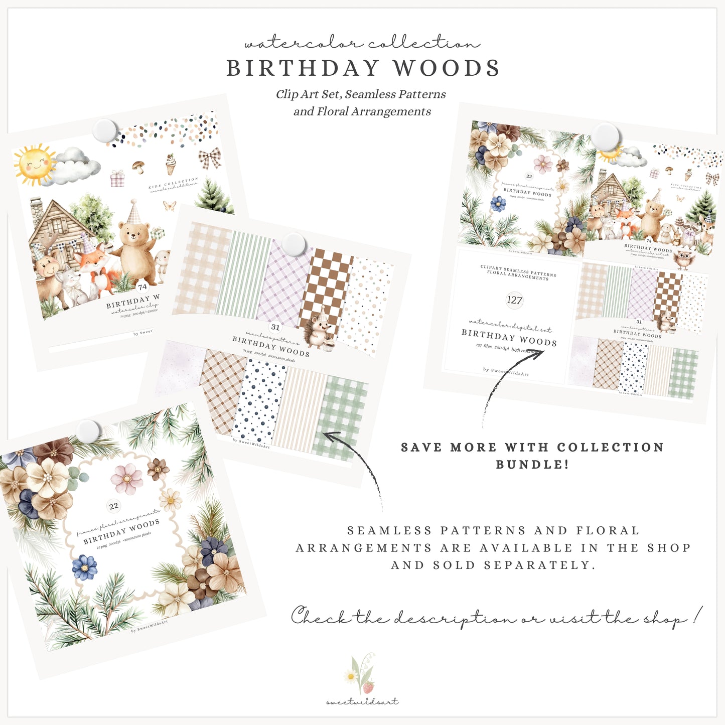 Birthday Woods - Woodland Animals, Cute Forest Party Clipart, Kids Party | 74 PNG