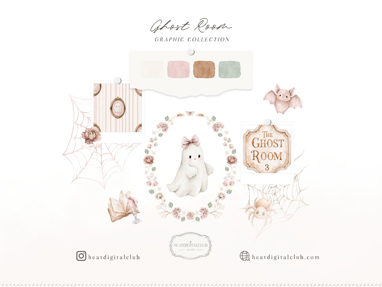 Ghost Room - Watercolor Pink Halloween Clipart and Seamless Patterns Bundle | 68 PNG/JPEG