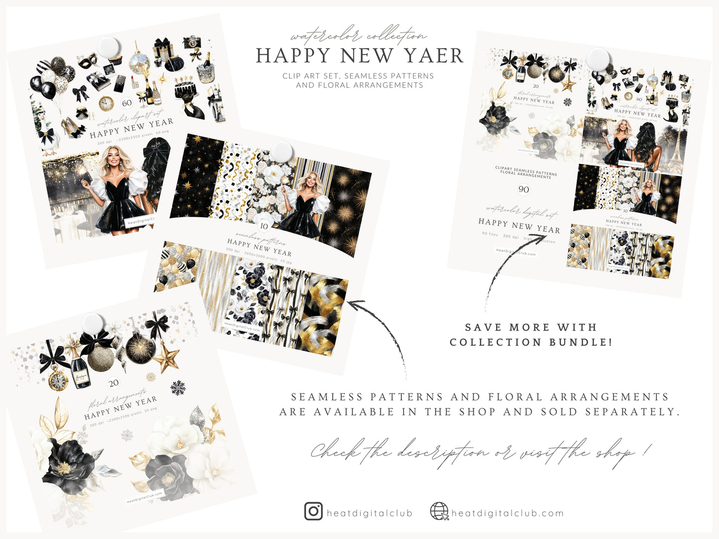 Happy New Year - Clipart, Black Gold Silver Party,  Balloons Champagne, Holiday | 60 PNG