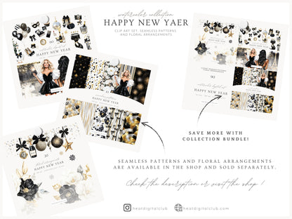 Happy New Year - Clipart, Black Gold Silver Party,  Balloons Champagne, Holiday | 60 PNG