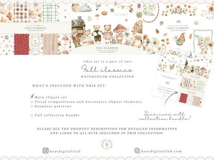 Fall Classics - Teddy Bears Clipart, Autumn Kids Animals, Goose, Fox, Pumpkins, Cozy Nursery | 60 PNG