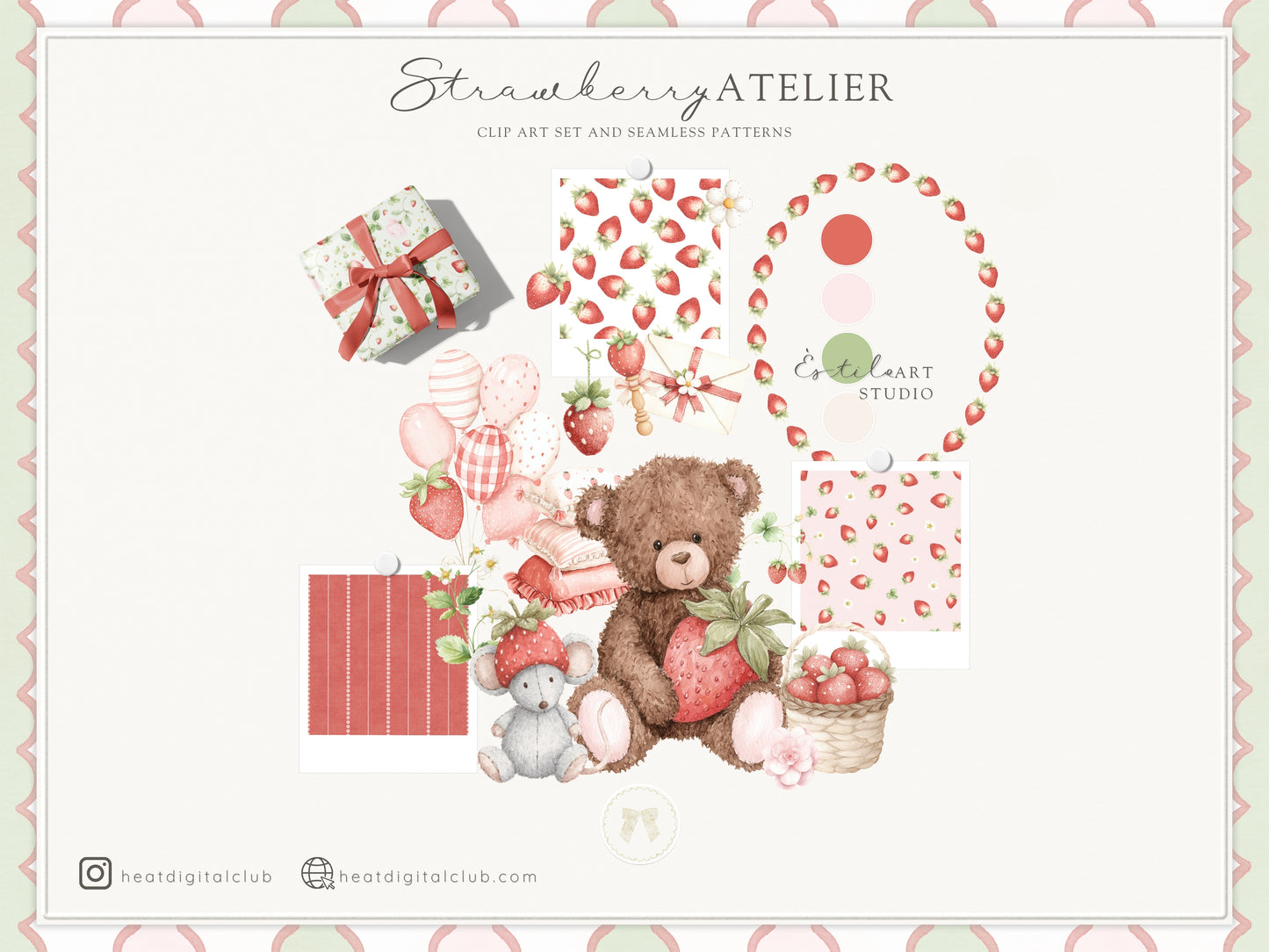 Strawberry Atelier - Bundle Clipart, Cottagecore Nursery, Baby Girl Birthday, Heirloom Toys, Spring | 119 PNG/JPEG