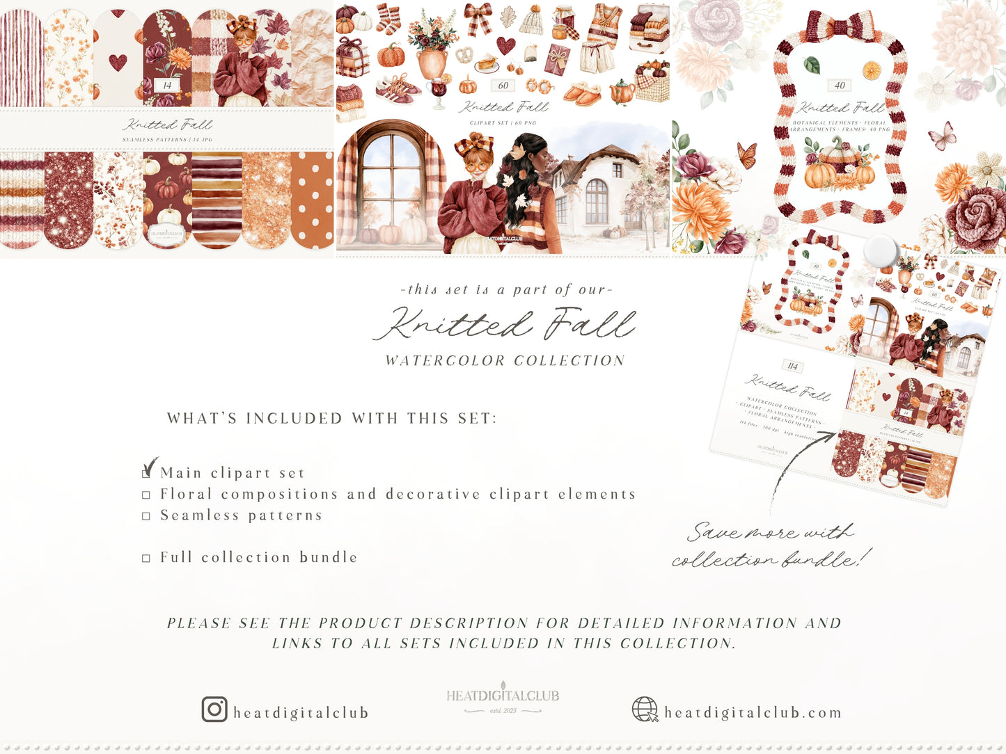 Knitted Fall - Clipart, Cozy Autumn Clipart, Pumpkin Aesthetic, Fall Cottagecore | 60 PNG