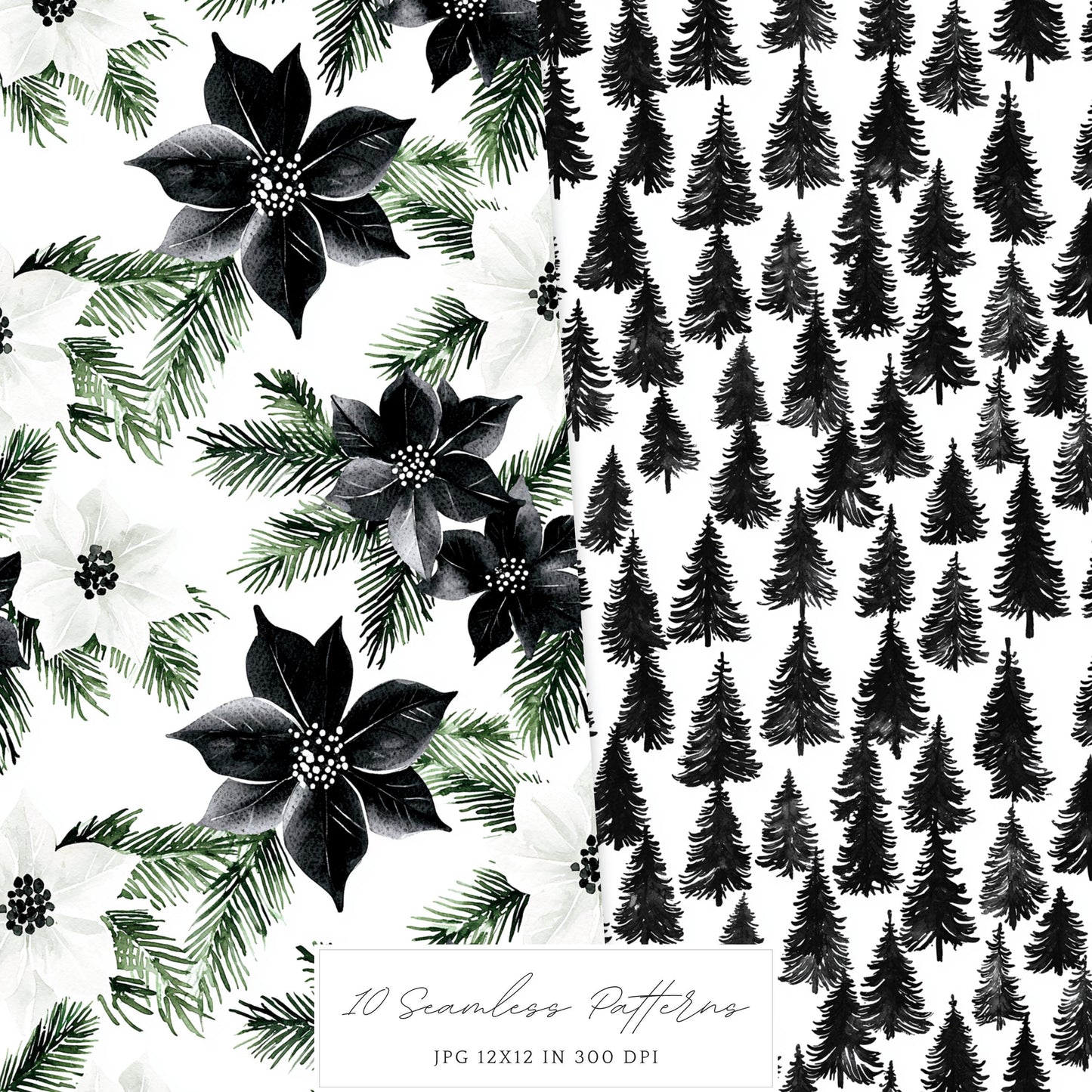 Black and White Holidays - Seamless Patterns, Winter, Snowflakes | 10 JPEG