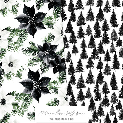 Black and White Holidays - Seamless Patterns, Winter, Snowflakes | 10 JPEG