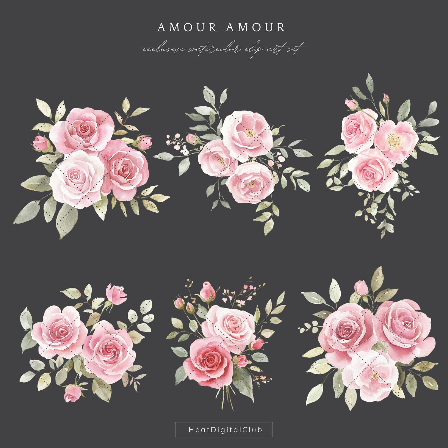 Amour Amour - Valentines Day Floral Arrangements Clipart, Pink Roses | 12 PNG