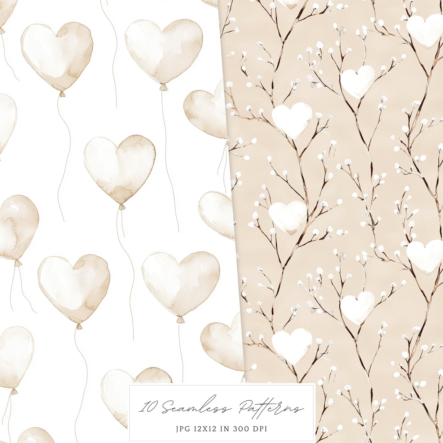 Boho Valentine - Valentines Day Seamless Patterns, Rustic, Romantic | 10 JPEG
