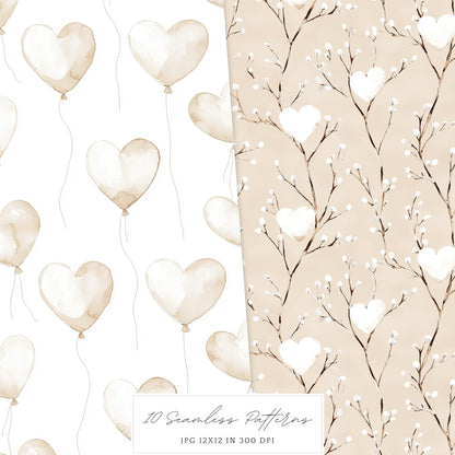 Boho Valentine - Valentines Day Seamless Patterns, Rustic, Romantic | 10 JPEG