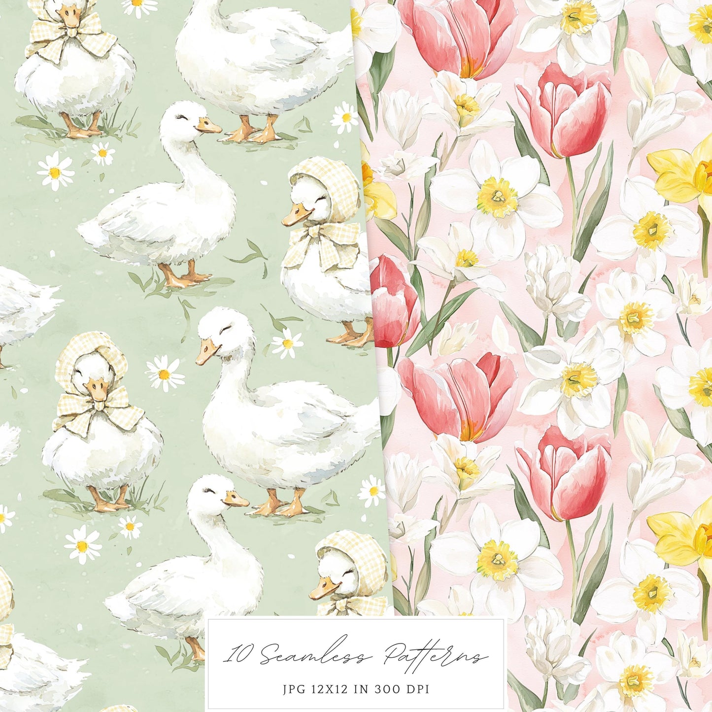 Happy Easter - Seamless Patterns, Gingham Plaid, Flowers, Bunnies | 10 JPEG