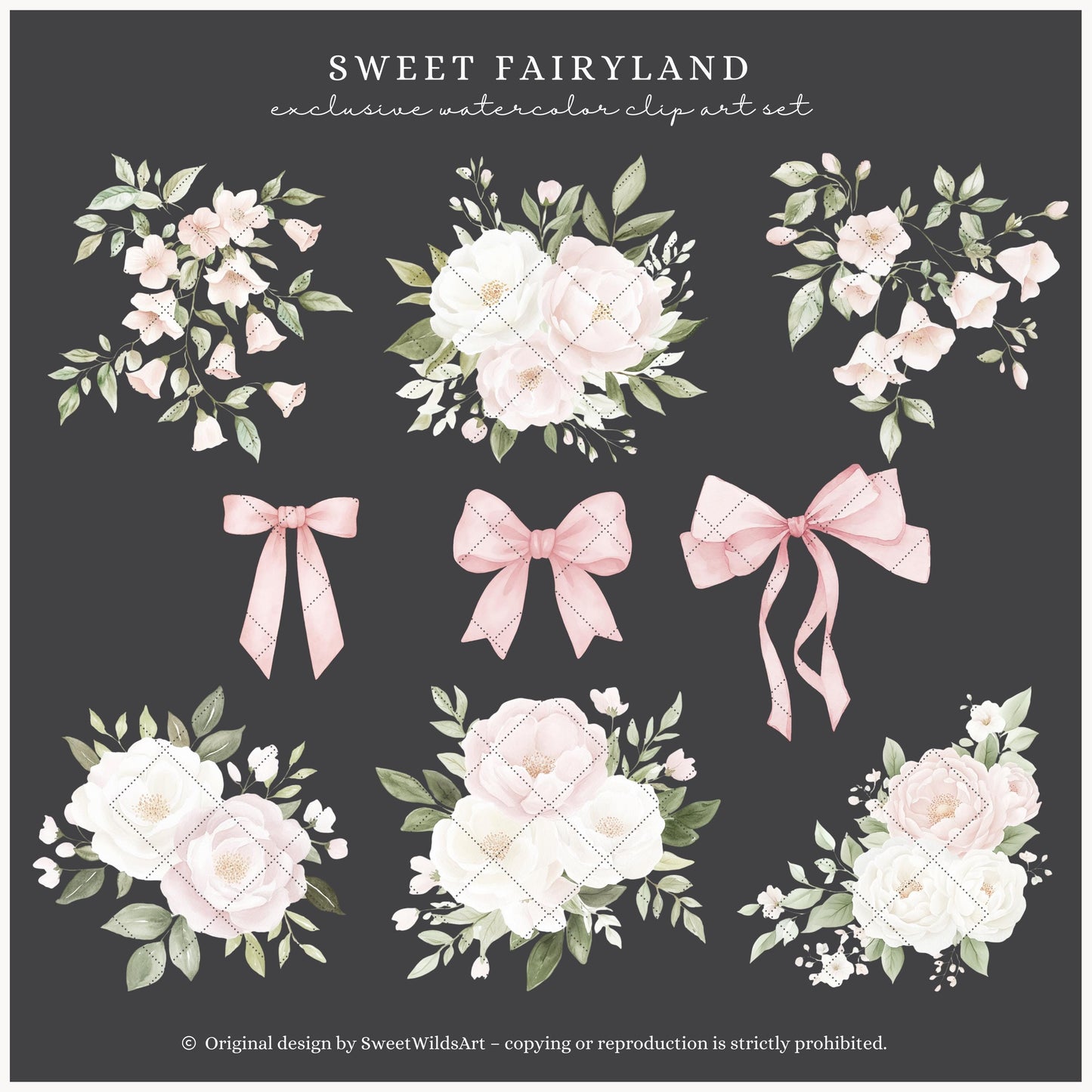 Sweet Fairyland - Floral Arrangements, Pink White Peonies, Garden Bows | 24 PNG
