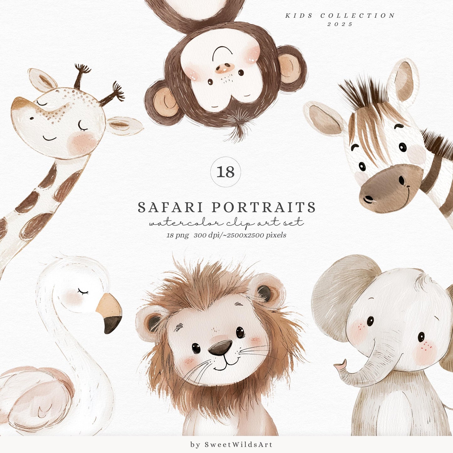 Safari Portraits - Cute Animals Clipart, Baby Shower, Nursery, Boho Tropical | 18 PNG