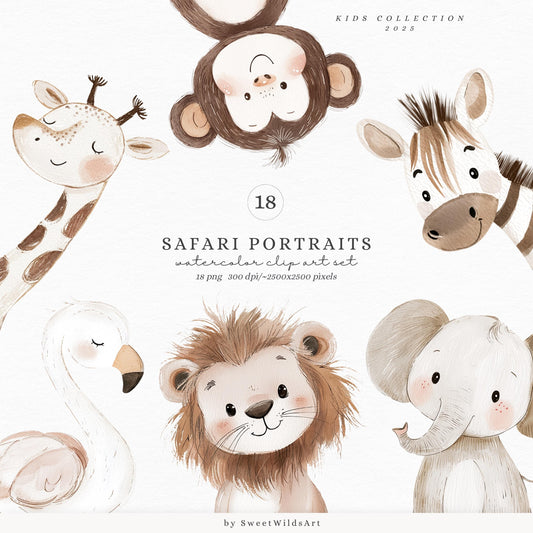 Safari Portraits - Cute Animals Clipart, Baby Shower, Nursery, Boho Tropical | 18 PNG