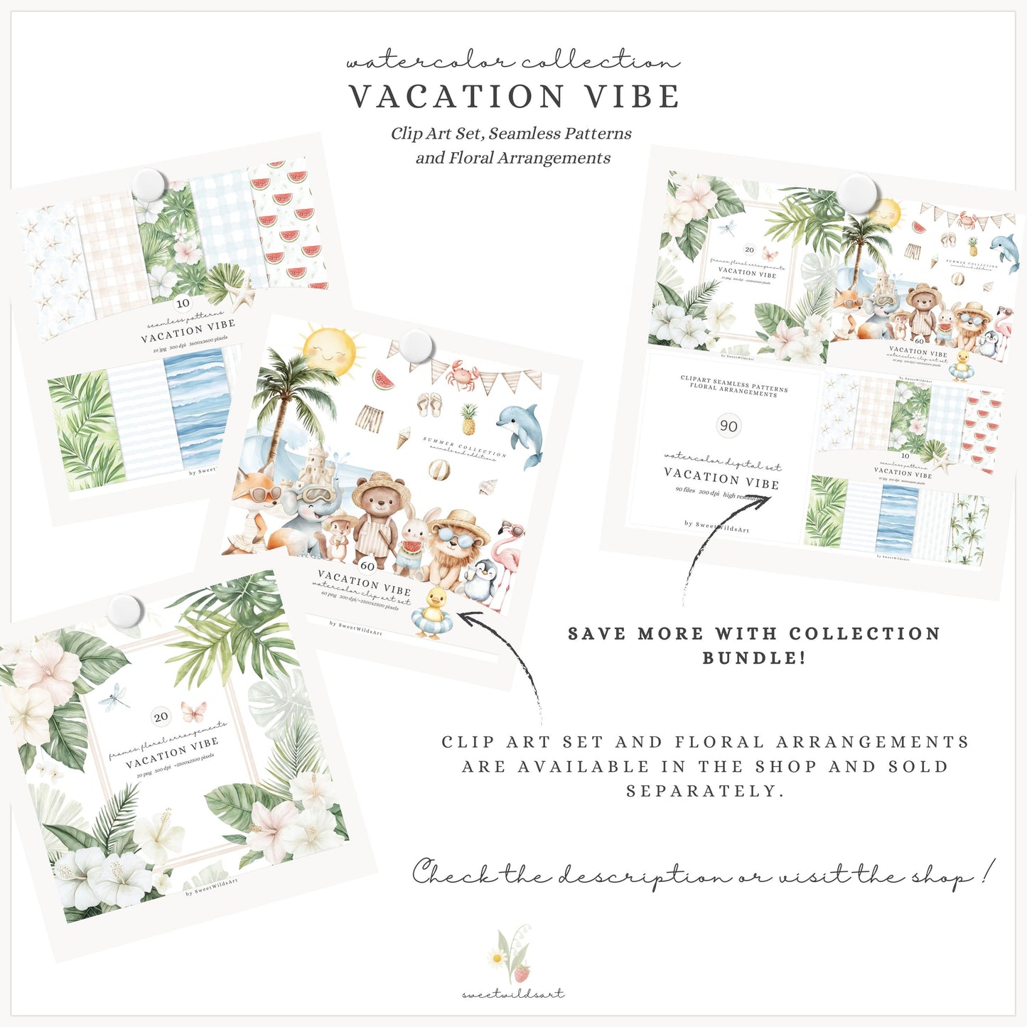 Vacation Vibe - Seamless Patterns, Tropical Beach, Ocean Baby Shower | 10 JPEG