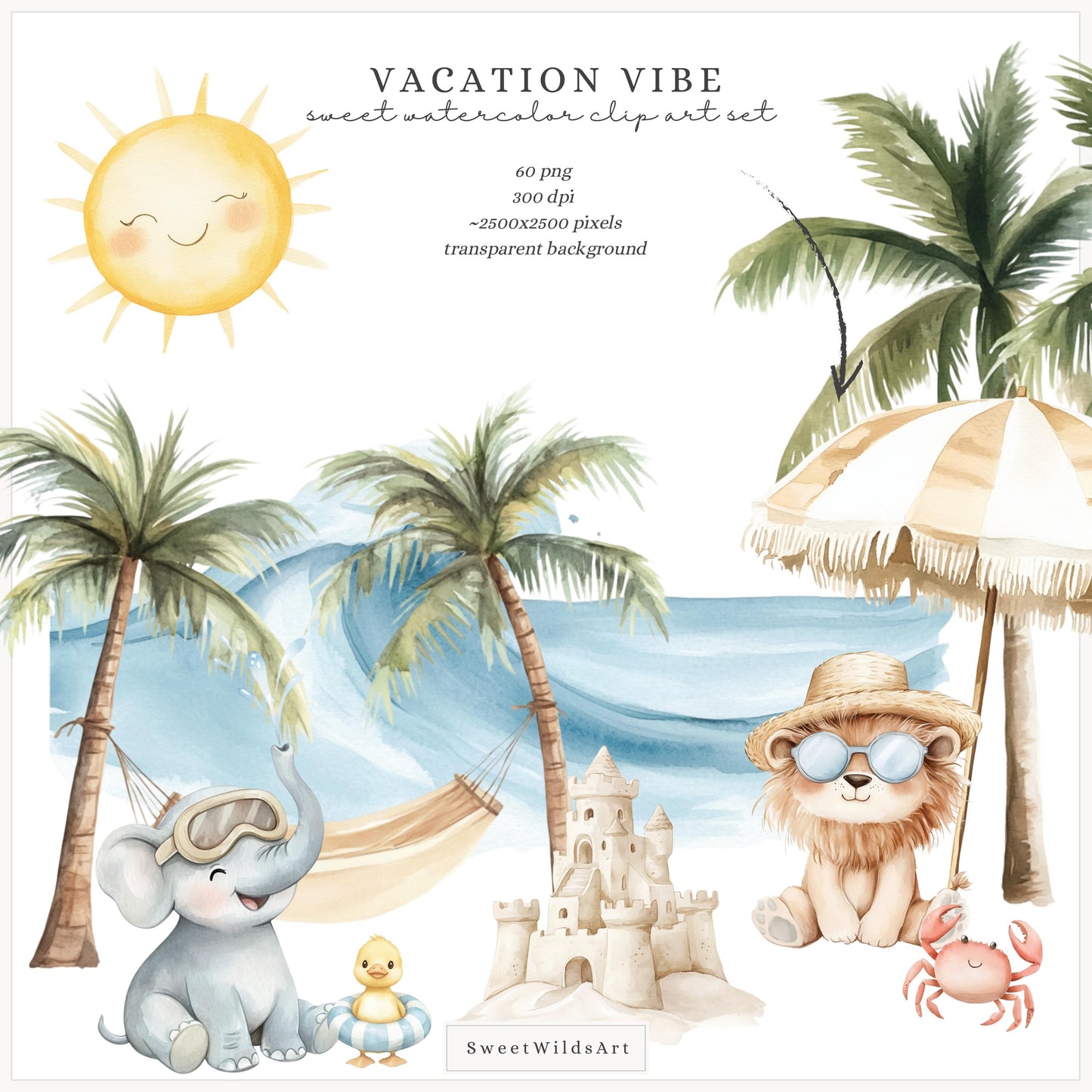 Vacation Vibe - Cute Beach Animals, Ocean Nursery Clipart, Vacation | 60 PNG