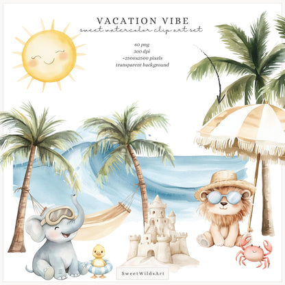 Vacation Vibe - Cute Beach Animals, Ocean Nursery Clipart, Vacation | 60 PNG