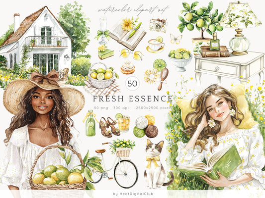 Fresh Essence - Clipart, Cozy Spring, Floral, Citrus | 50 PNG