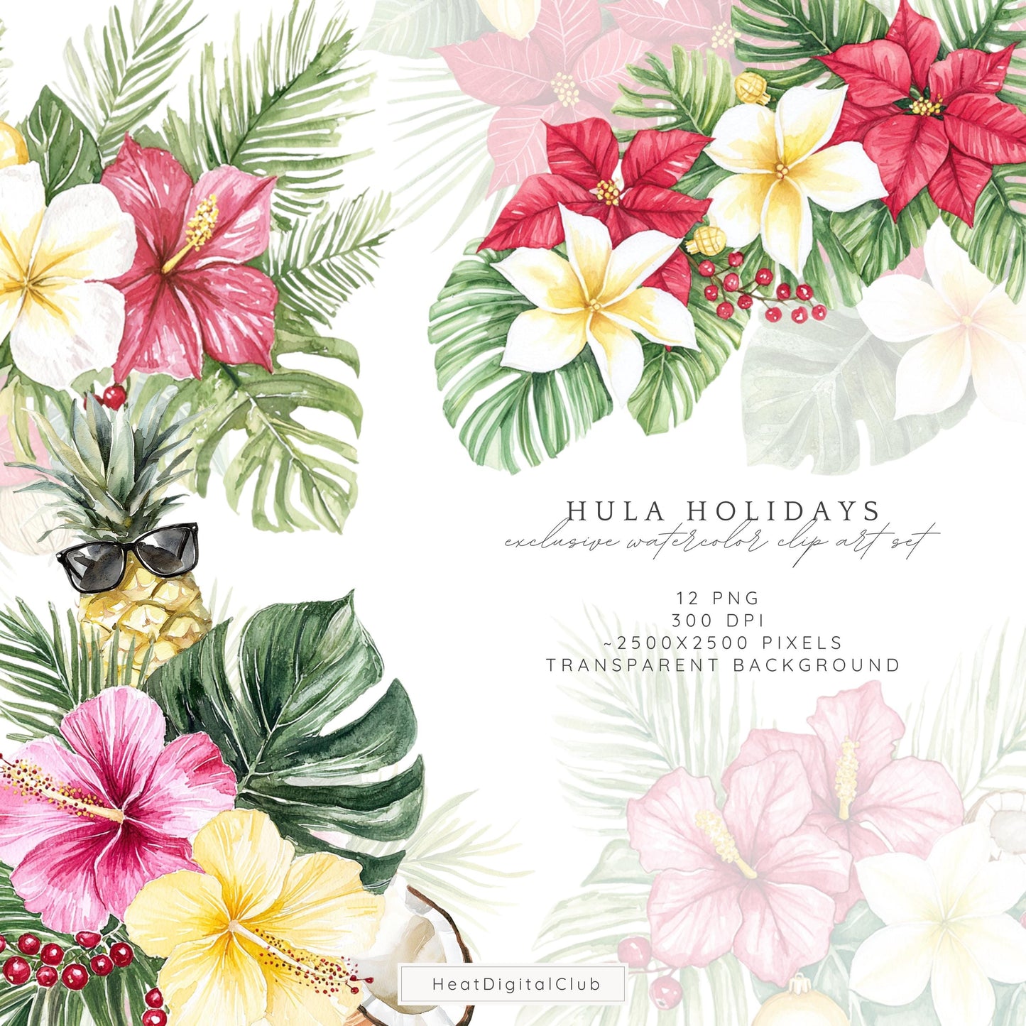 Hula Holidays - Floral Arrangement, Hawaiian Christmas Clipart, Winter | 12 PNG