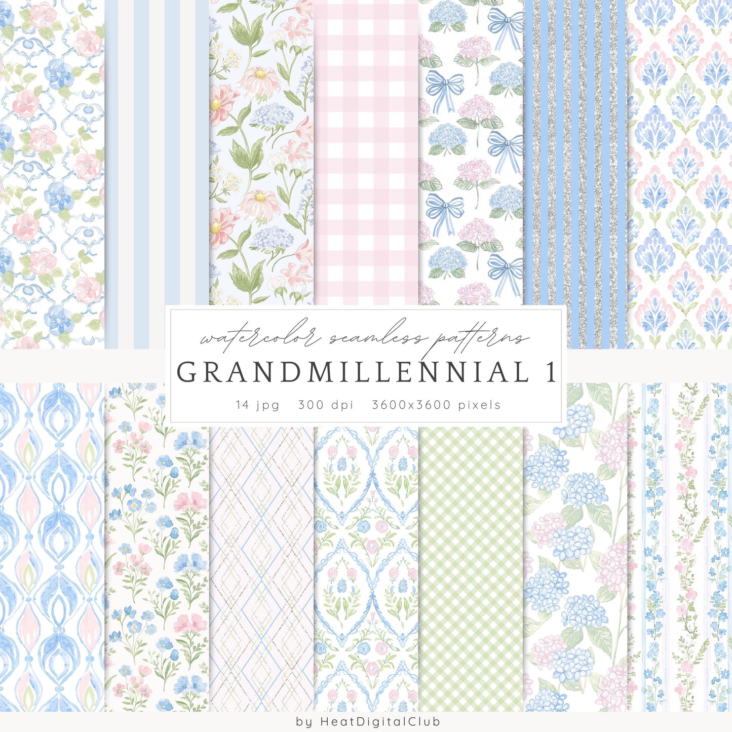 Grandmillennial - Seamless Patterns, Pastel Floral, Stripes, Plaid, Glitter | 14 JPEG