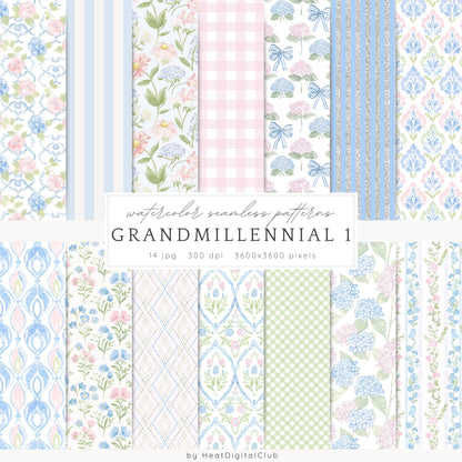 Grandmillennial - Seamless Patterns, Pastel Floral, Stripes, Plaid, Glitter | 14 JPEG
