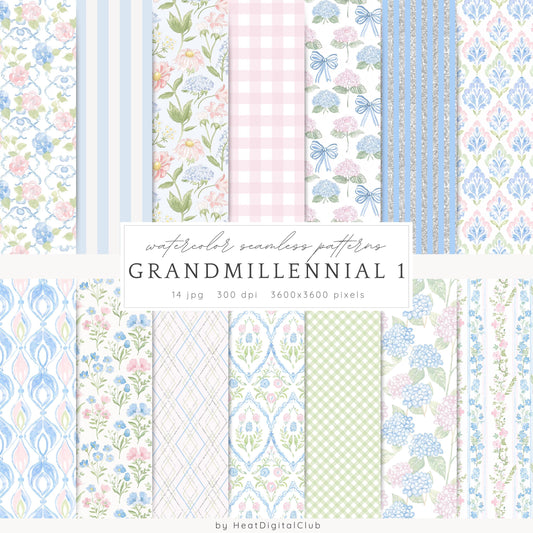 Grandmillennial - Seamless Patterns, Pastel Floral, Stripes, Plaid, Glitter | 14 JPEG