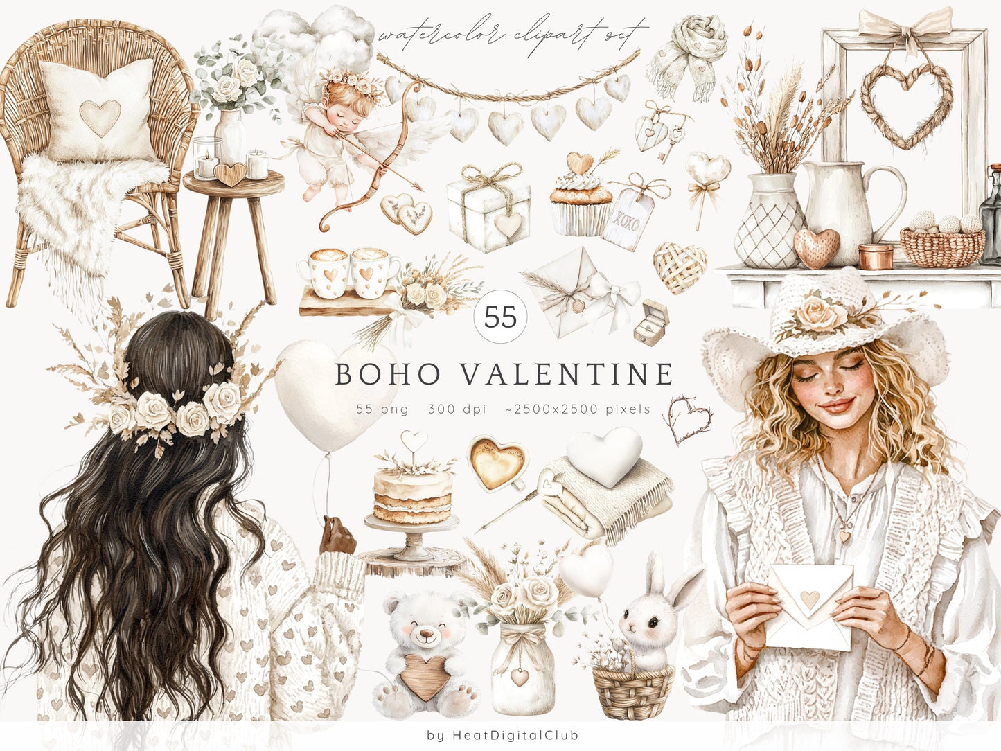 Boho Valentine - Romantic Clipart, Rustic Love | 55 PNG