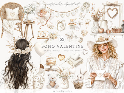 Boho Valentine - Romantic Clipart, Rustic Love | 55 PNG