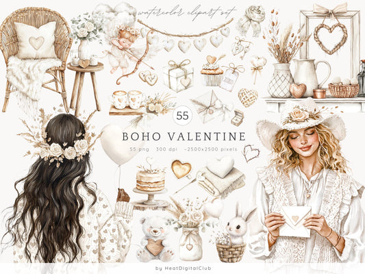 Boho Valentine - Romantic Clipart, Rustic Love | 55 PNG