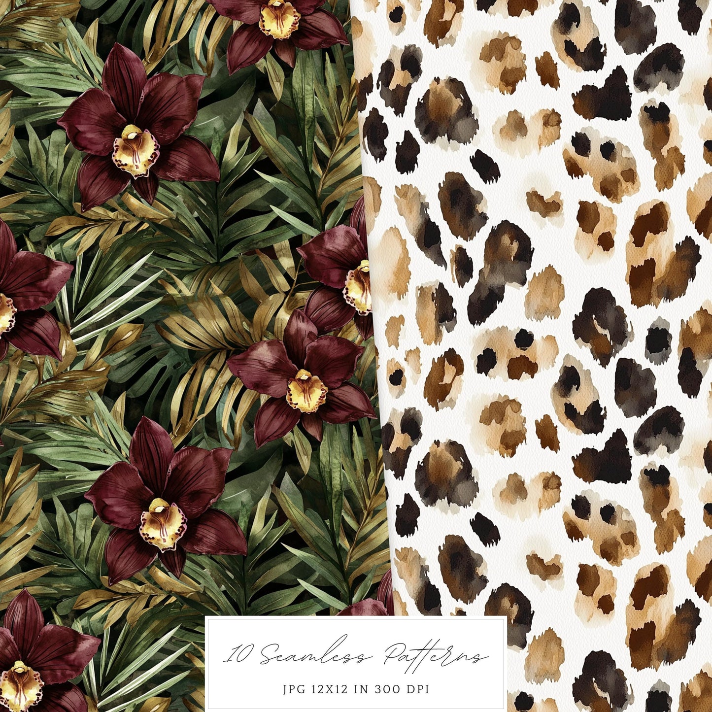 Jungle Mystery - Seamless Patterns, Leopard Print, Floral, Tropical | 10 JPEG