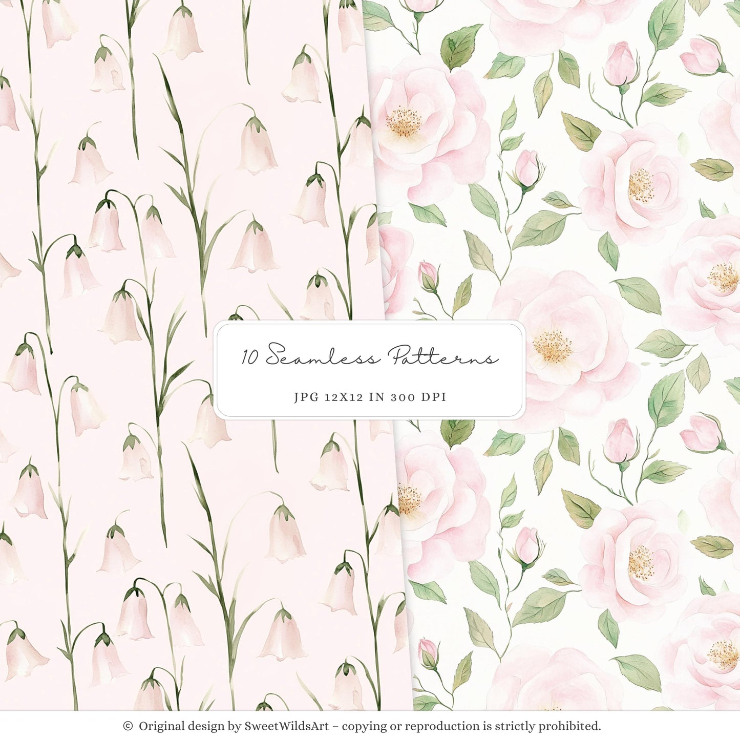 Sweet Fairyland - Seamless Patterns, Pastel Fairy Garden, Pink Floral | 10 JPEG
