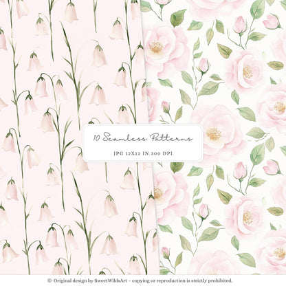 Sweet Fairyland - Seamless Patterns, Pastel Fairy Garden, Pink Floral | 10 JPEG