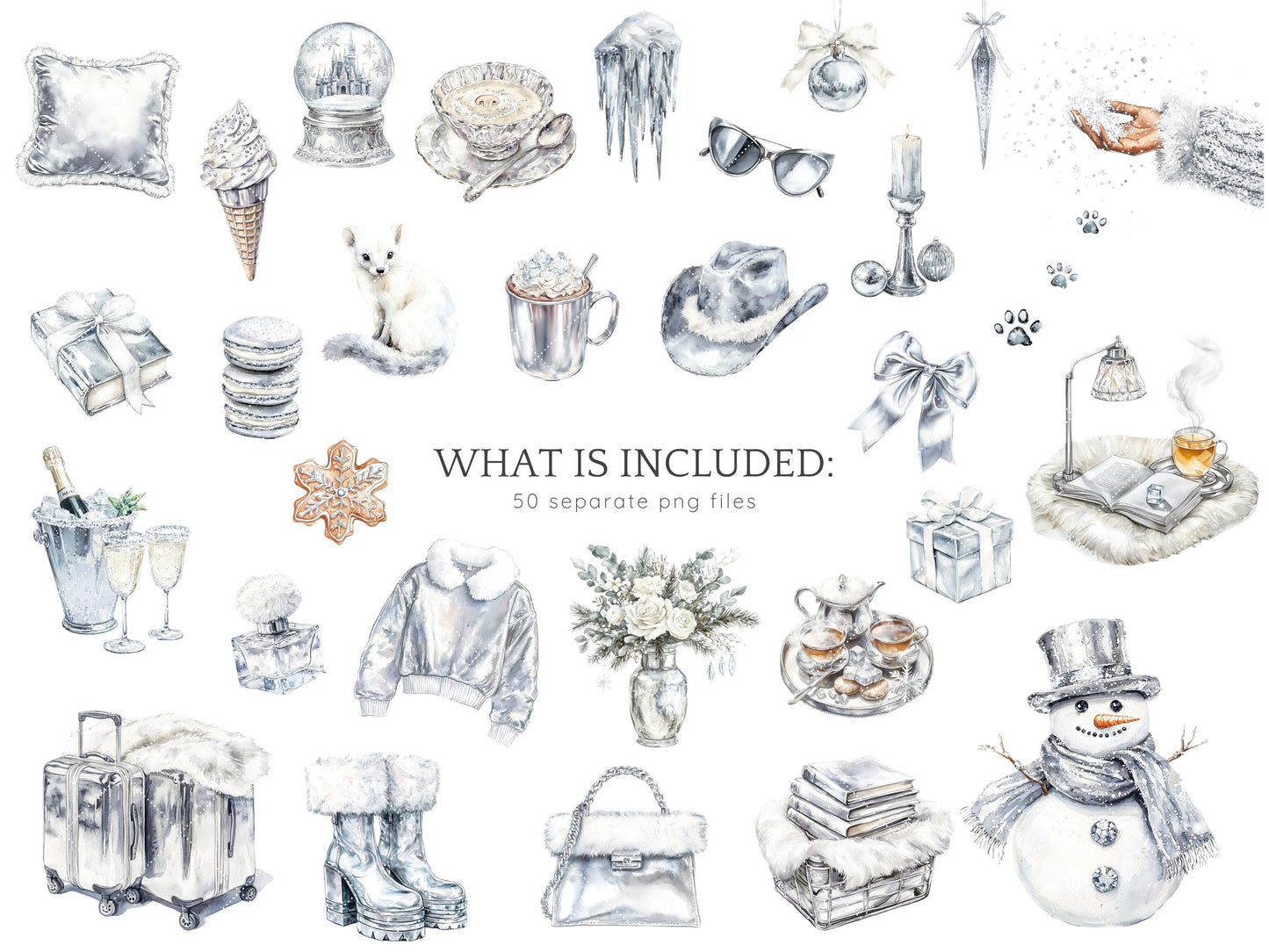 Silver Ice - Cozy Winter Clipart, Modern Holidays, Christmas | 50 PNG