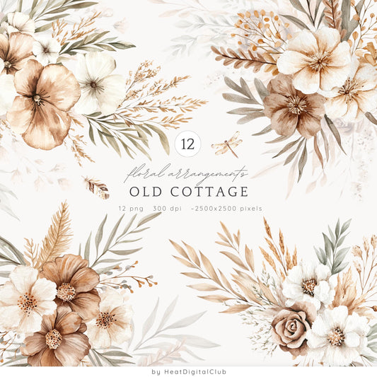 Old Cottage - Floral Arrangements, Rustic Flower Clipart, Romantic | 12 PNG