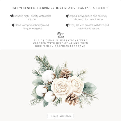 Vanilla Winter - Floral Arrangement, Cozy Roses Clipart, Poinsettia | 12 PNG