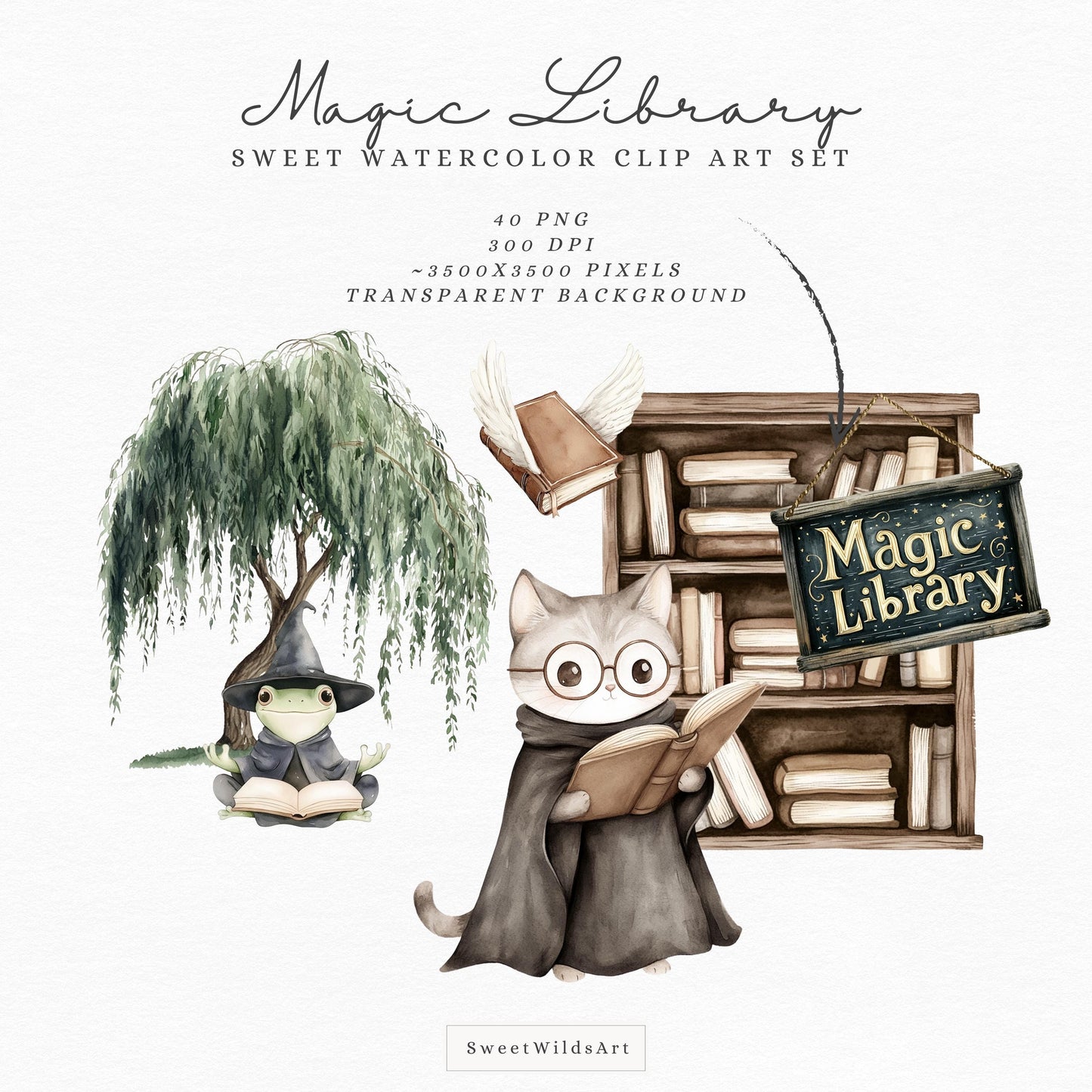 Magic Library - Baby Animals Clipart, Cute Magic School, Wizard Reading | 40 PNG