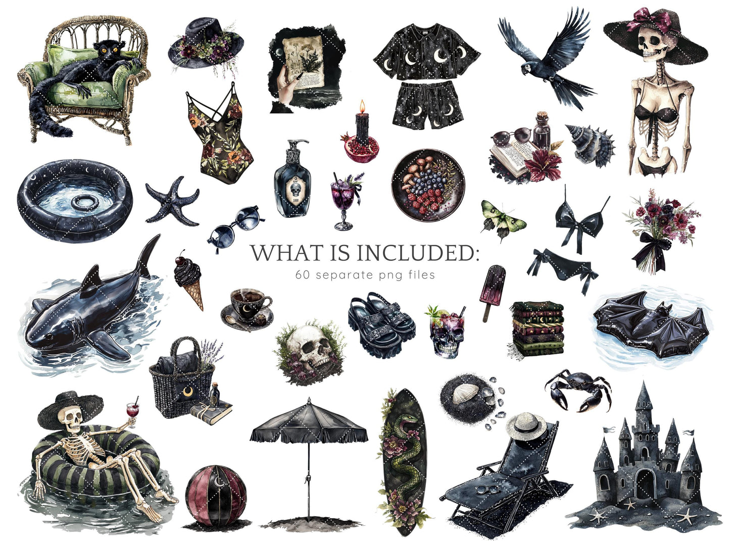 Gothic Summer - Goth Beach Time Clipart, Creepy | 60 PNG