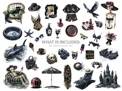 Gothic Summer - Goth Beach Time Clipart, Creepy | 60 PNG