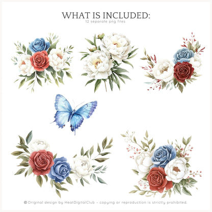 Americana Girl – Watercolor Florals, Red, White & Blue | 12 PNG