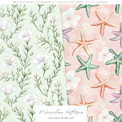 Modern Ariel - Coral, Ocean Seamless Patterns | 10 JPEG