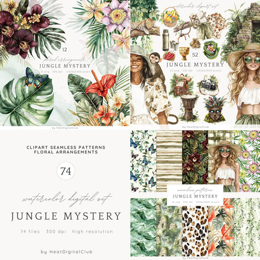 Jungle Mystery -  Collection Bundle, Travel Clipart, Planner, Tropical | 74 PNG/JPEG