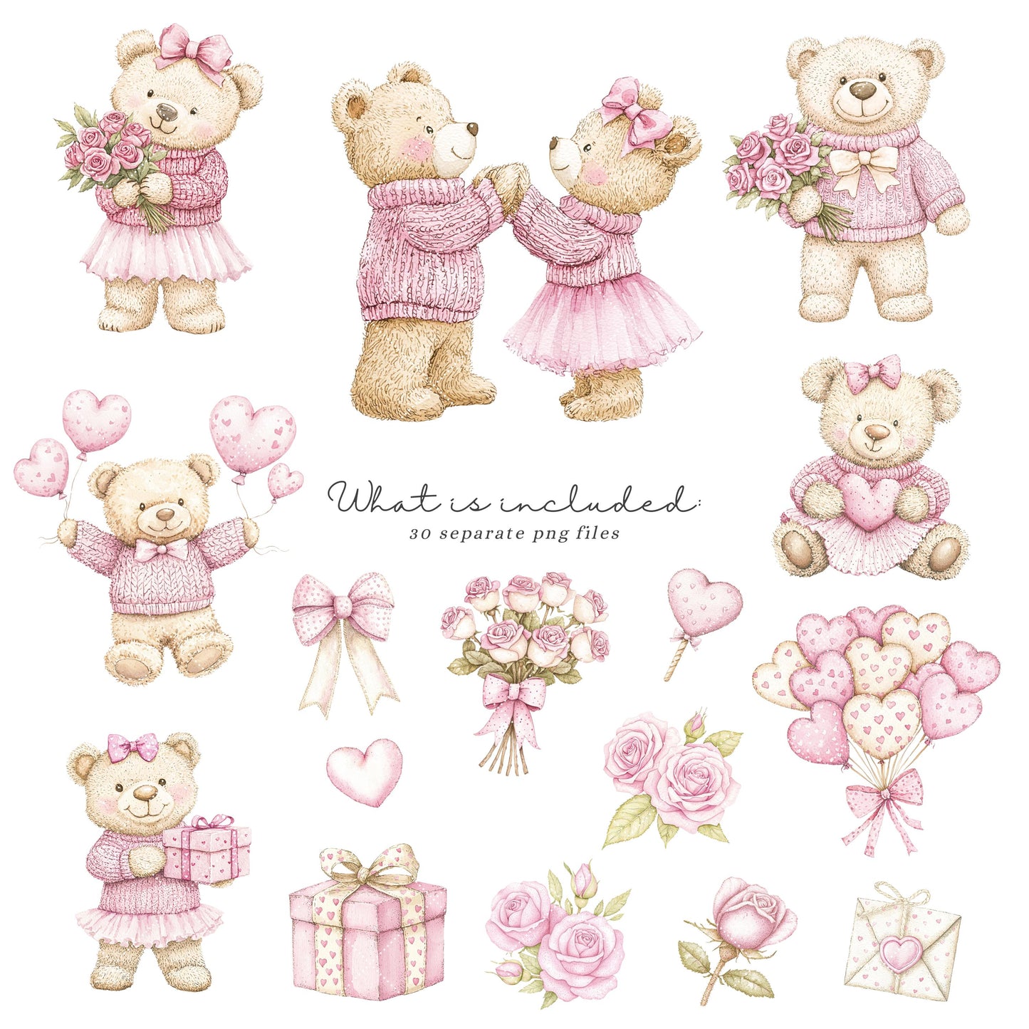 Valentine Bears - Cute Valentines Day, Love Clipart, Baby Bear, Romantic | 30 PNG