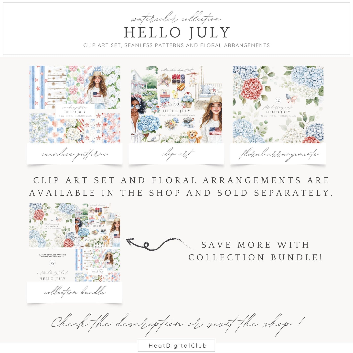 Hello July - Seamless Patterns, 4th of July, Independence Day | 10 JPEG
