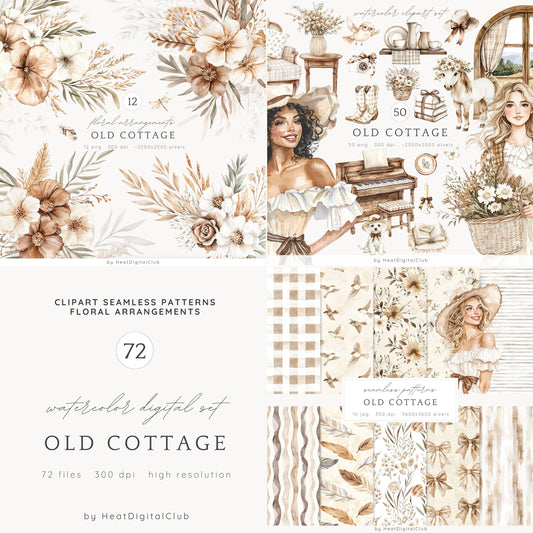 Old Cottage - Collection Bundle, Cottagecore Clipart, Rustic, Planner | 72 PNG/JPEG
