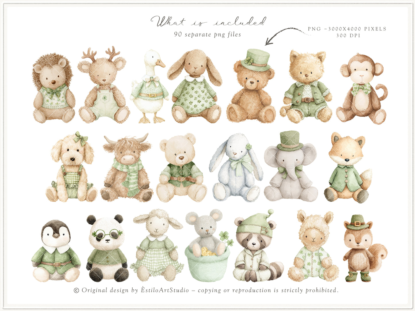 Lucky Atelier - Clipart, St Patrick’s Day Nursery, Irish Baby Toys, Clover, Green Vintage Children | 100 PNG/JPEG