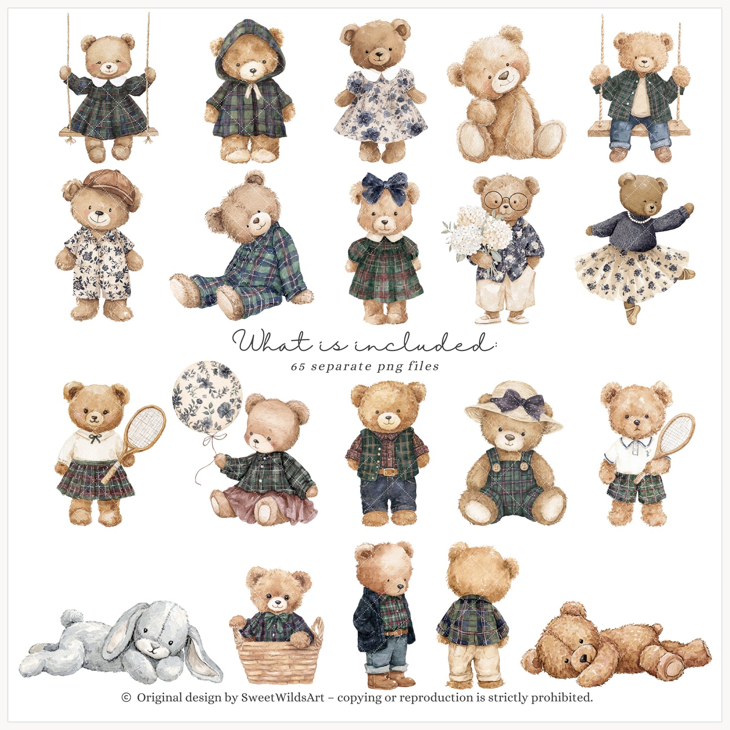 Little Classics - Watercolor Teddy Bears Clipart, Kids Nursery, Grandmillennial | 60 PNG