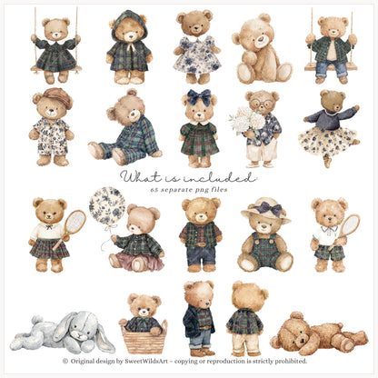 Little Classics - Watercolor Teddy Bears Clipart, Kids Nursery, Grandmillennial | 60 PNG